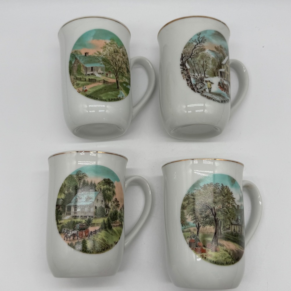 Vtg Currier Ives Four Seasons Mug Set 4 Spring Summer Autumn Winter Gold Trim